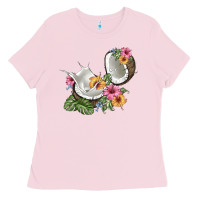 Bubblegum Pink coconut with tropical leavers and flowers Ladies Tee - BarkalooDesign