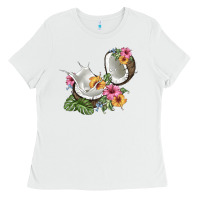 White coconut with tropical leavers and flowers Ladies Tee - BarkalooDesign