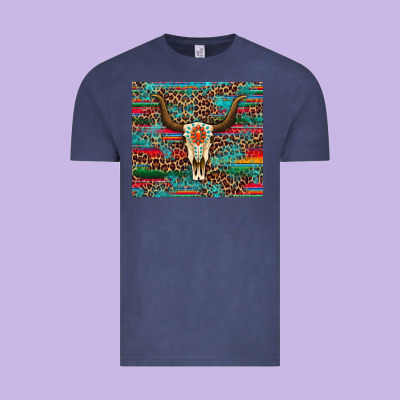 Western Serape Leopard Bull Skull Turquoise Vintage Tee Designed By Artiststas