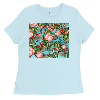 Baby Blue flamingos with leaves Ladies Tee - BarkalooDesign