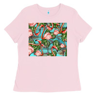 Bubblegum Pink flamingos with leaves Ladies Tee - BarkalooDesign