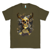 Army Green Bull Human Skull With Gold Roses Classic Tee - RanaPortraitStore