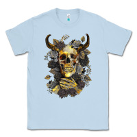 Dusty Blue Bull Human Skull With Gold Roses Classic Tee - RanaPortraitStore