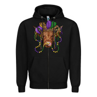 Black highland cow with mardi gras hat Zipper Hoodie - RanaPortraitStore