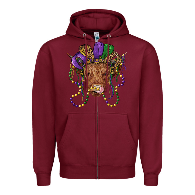 Highland Cow With Mardi Gras Hat Zipper Hoodie by RanaPortraitStore | Teevron