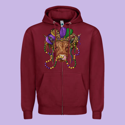 Highland Cow With Mardi Gras Hat Zipper Hoodie Designed By Ranaportraitstore