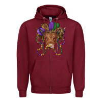 Burgundy highland cow with mardi gras hat Zipper Hoodie - RanaPortraitStore
