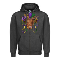 Charcoal Heather highland cow with mardi gras hat Zipper Hoodie - RanaPortraitStore