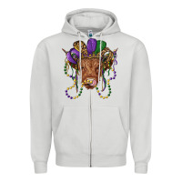 Dove Grey highland cow with mardi gras hat Zipper Hoodie - RanaPortraitStore