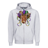Heather Grey highland cow with mardi gras hat Zipper Hoodie - RanaPortraitStore