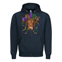 Navy highland cow with mardi gras hat Zipper Hoodie - RanaPortraitStore