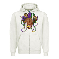 Oatmeal Heather highland cow with mardi gras hat Zipper Hoodie - RanaPortraitStore