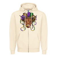 Sandshell highland cow with mardi gras hat Zipper Hoodie - RanaPortraitStore