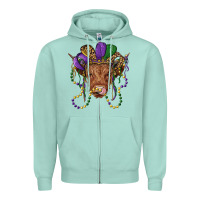 Seafoam highland cow with mardi gras hat Zipper Hoodie - RanaPortraitStore