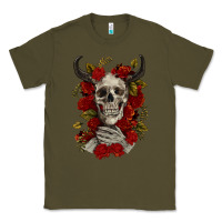 Army Green Bull Human Skull With Roses Classic Tee - RanaPortraitStore