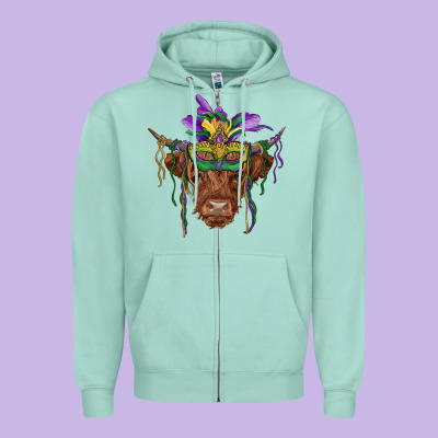 Mardi Gras Mask Highland Cow Zipper Hoodie Designed By Ranaportraitstore