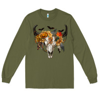 Army Green Halloween Bull Skull Long Sleeve Tee - RanaPortraitStore