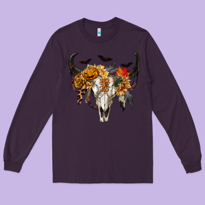 Long Sleeve Tee Halloween Bull Skull
