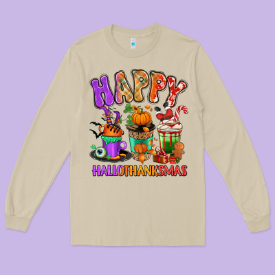 Long Sleeve Tee Happy Hallothanksmas coffee cups