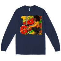 Navy 1865 Juneteenth afro woman Long Sleeve Tee - RanaPortraitStore