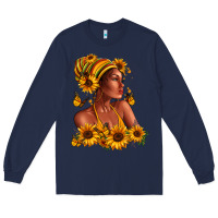 Navy Afro American woman sunflowers Long Sleeve Tee - RanaPortraitStore