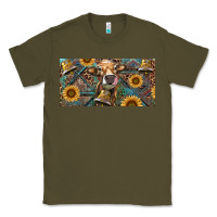 Army Green Cow With Aztec Leopard And Sunflower Classic Tee - RanaPortraitStore