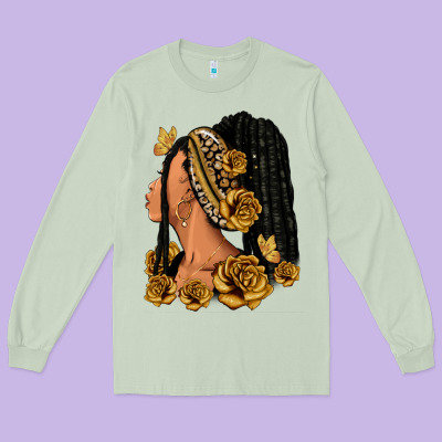 Long Sleeve Tee Gold roses afro woman