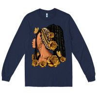 Navy Gold roses afro woman Long Sleeve Tee - RanaPortraitStore