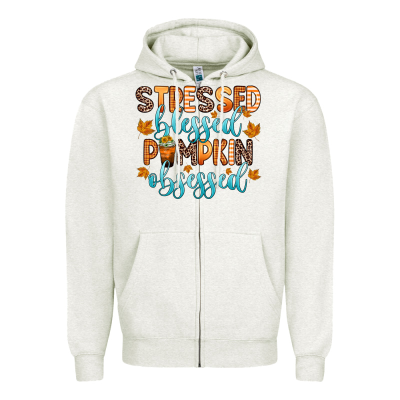 Stressed Blessed Pumpkin Obsessed Zipper Hoodie by Zillion Design Studio | Teevron