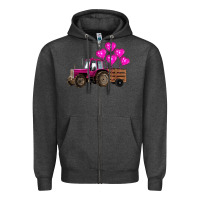 Charcoal Heather valentine's day pink tractor with pin heart balloons Zipper Hoodie - RanaPortraitStore