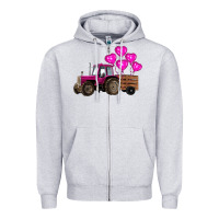 Heather Grey valentine's day pink tractor with pin heart balloons Zipper Hoodie - RanaPortraitStore