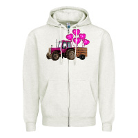 Oatmeal Heather valentine's day pink tractor with pin heart balloons Zipper Hoodie - RanaPortraitStore