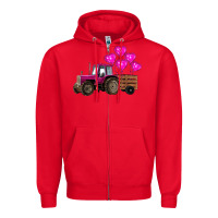 Red valentine's day pink tractor with pin heart balloons Zipper Hoodie - RanaPortraitStore