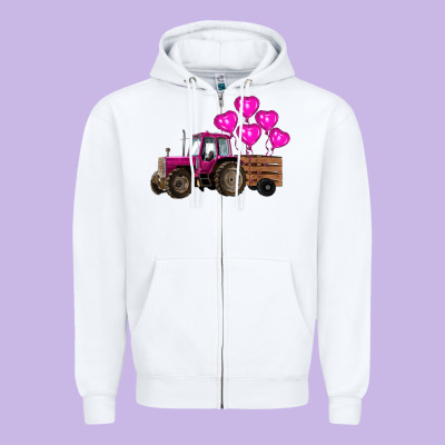 Valentine's Day Pink Tractor With Pin Heart Balloons Zipper Hoodie Designed By Ranaportraitstore