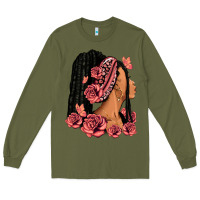 Army Green Pink roses afro woman Long Sleeve Tee - RanaPortraitStore