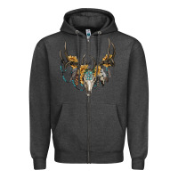 Charcoal Heather boho deer skull sunflowers and gemstone Zipper Hoodie - RanaPortraitStore