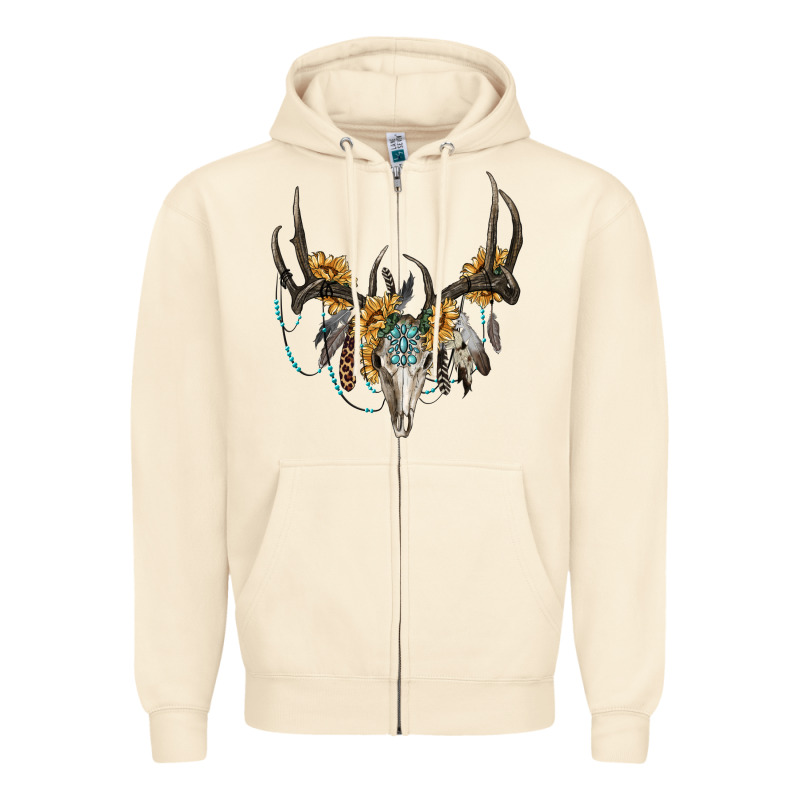 Boho Deer Skull Sunflowers And Gemstone Zipper Hoodie by RanaPortraitStore | Teevron