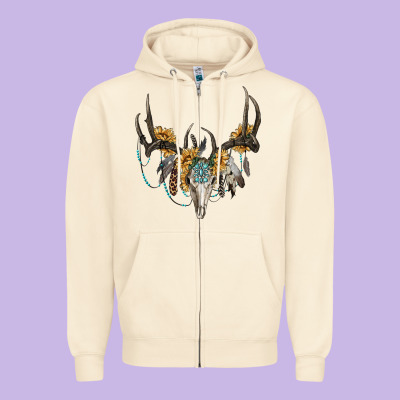 Boho Deer Skull Sunflowers And Gemstone Zipper Hoodie Designed By Ranaportraitstore