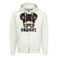 Oatmeal Heather kid life leopard messy bun Zipper Hoodie - texasbilliewilder
