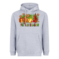 Heather Grey Tis The Season Christmas With Softball And Gingerbread Man Heavyweight Hoodie - FaDigitalArtStudio