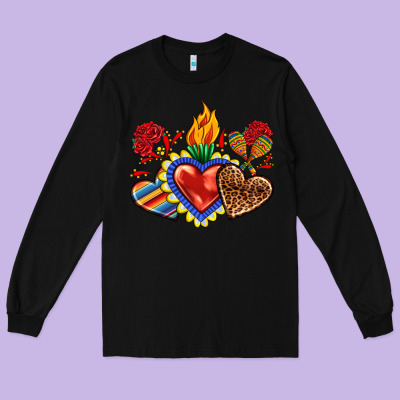 Long Sleeve Tee Sacred heart with leopard and serape heart