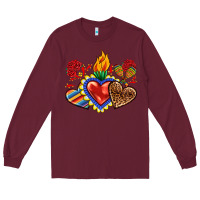 Burgundy Sacred heart with leopard and serape heart Long Sleeve Tee - RanaPortraitStore