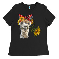 Black alpaca with sunflowers and bandana Ladies Tee - BarkalooDesign