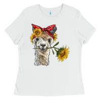 White alpaca with sunflowers and bandana Ladies Tee - BarkalooDesign