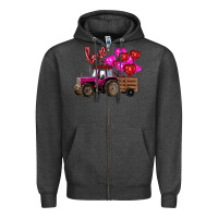 Charcoal Heather valentine's day pink tractor with pin heart balloons Zipper Hoodie - RanaPortraitStore