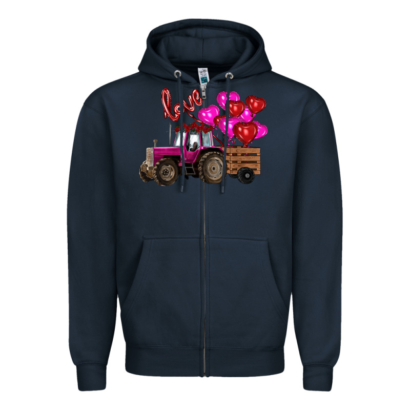 Valentine's Day Pink Tractor With Pin Heart Balloons Zipper Hoodie by RanaPortraitStore | Teevron