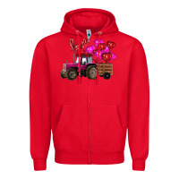 Red valentine's day pink tractor with pin heart balloons Zipper Hoodie - RanaPortraitStore