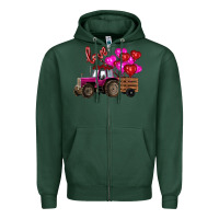 Sports Green valentine's day pink tractor with pin heart balloons Zipper Hoodie - RanaPortraitStore