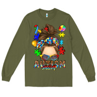 Army Green messy bun autism mom Long Sleeve Tee - RanaPortraitStore