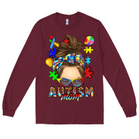 Burgundy messy bun autism mom Long Sleeve Tee - RanaPortraitStore